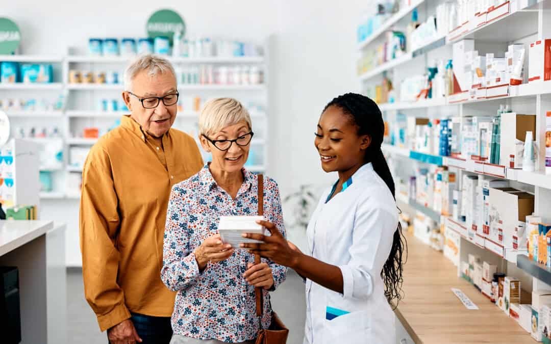 Couple getting help from the pharmacy